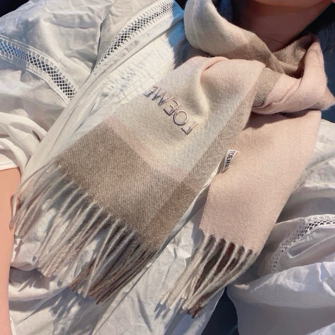 Loewe Cashmere Scarf Check Gray For Women 180cm