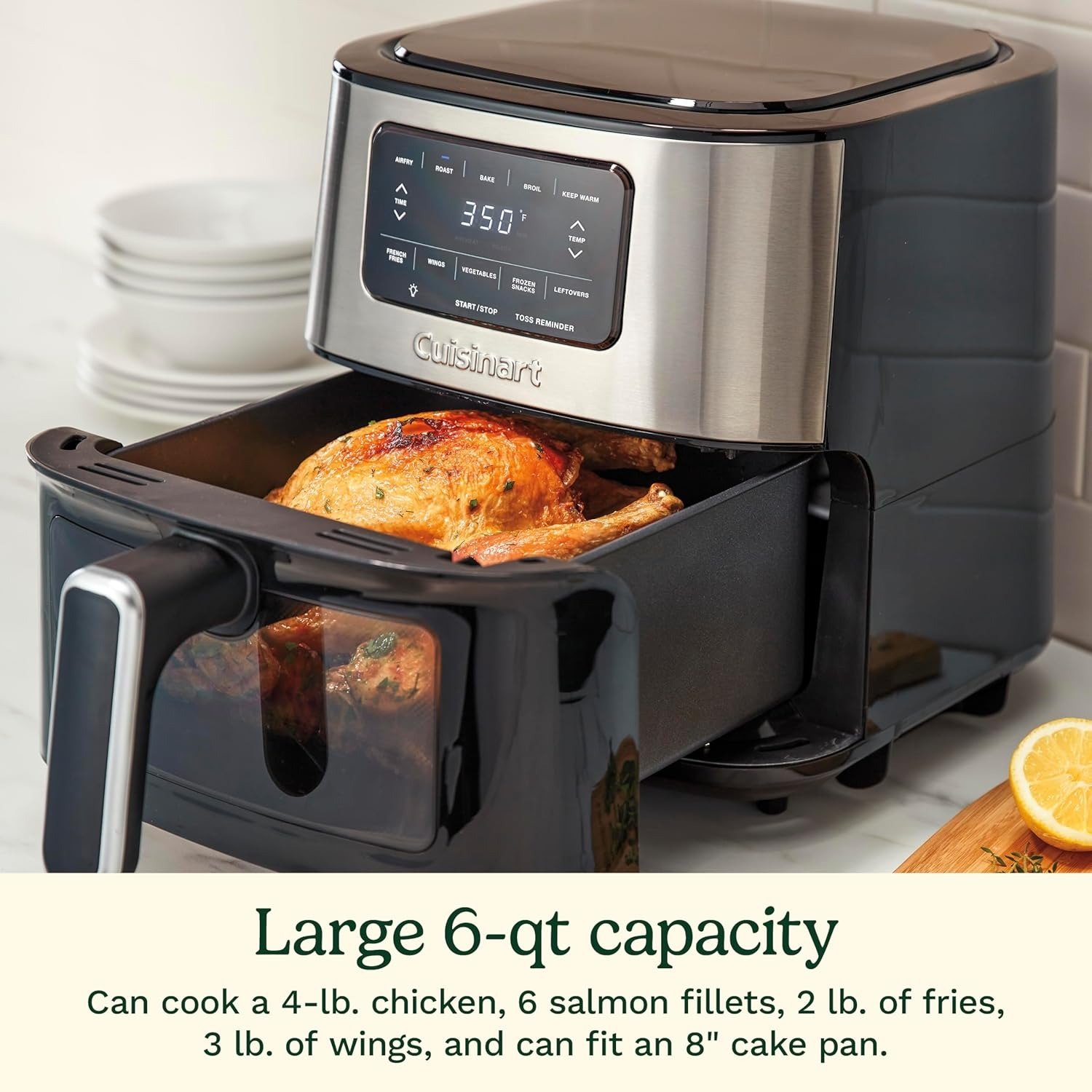 6QT 5-in-1 Air Fryer with Viewing Window, 5 Presets, Toss Reminder, Stainless Steel & Black