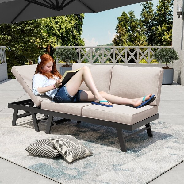 Outdoor Patio Convertible Sofa Daybed with Adjustable Back,Cushioned Chaise Lounge Bench