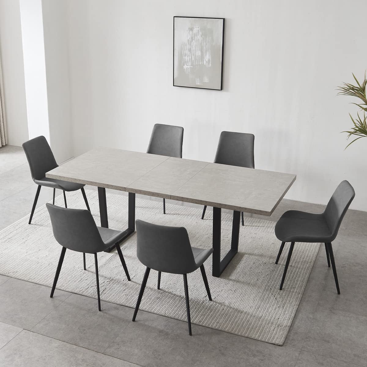 jiexi Modern Mid-Century Dining Table Set for 6-8 People Kitchen Dining Room Table Set Extendable Solid Wood Dining Table and 6 Upholstered Chairs