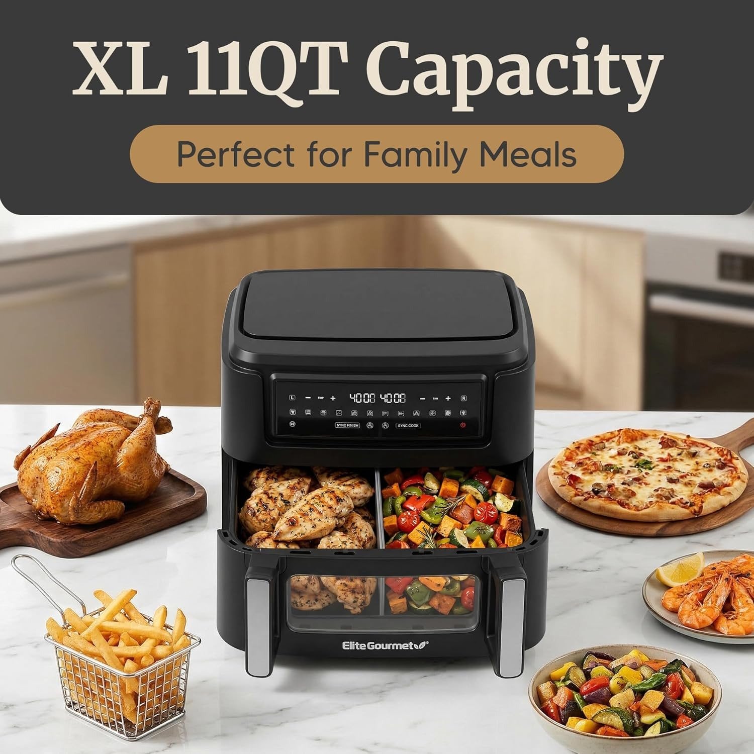 Dual Independent Zone Air Fryer, Dishwasher Safe, Multi-Functional Cooking, Compact Design