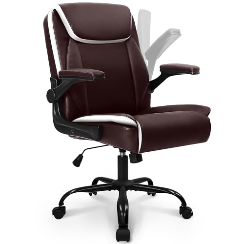 NEO CHAIR Office Desk Computer Chair Ergonomic Executive Mid-Back Leather Gaming Chair with Adjustable Flip-Up Armrests Wheels Swivel for Home Study Task (White)
