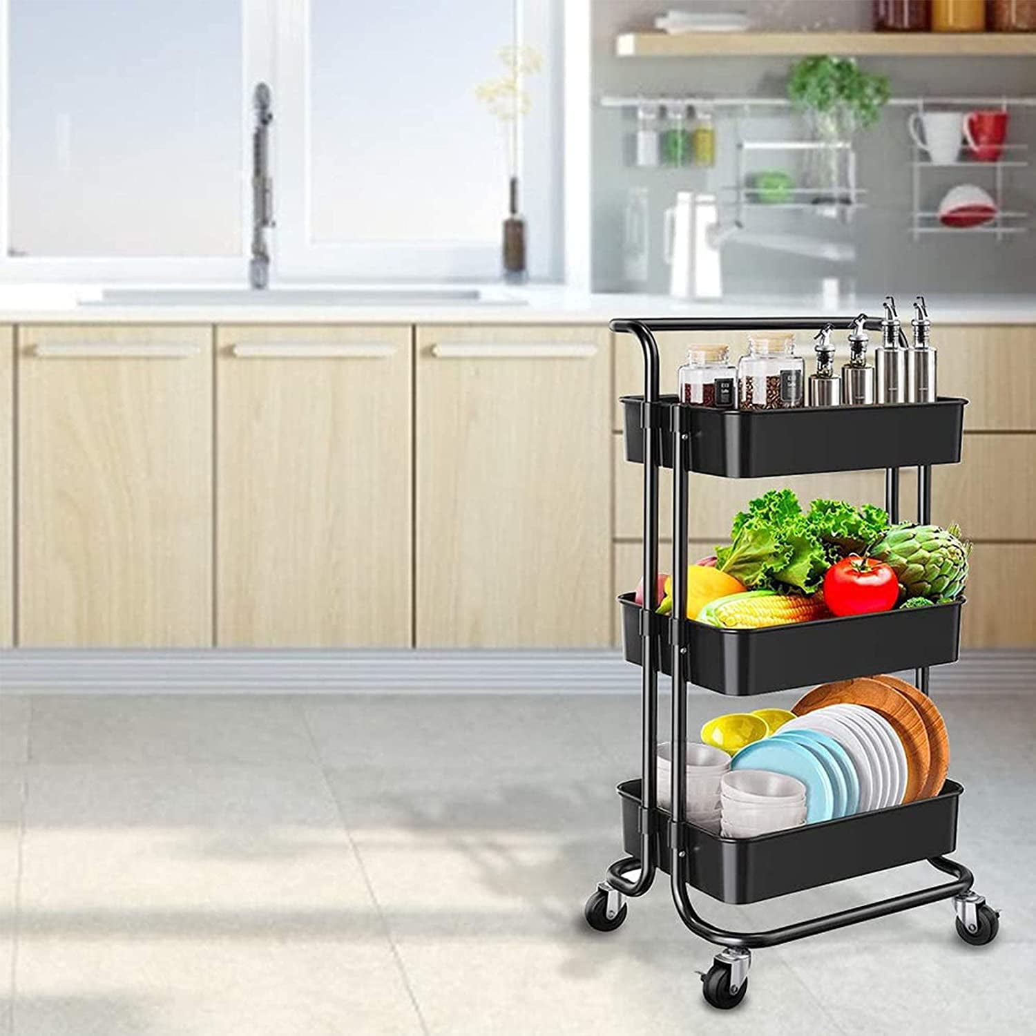 SKONYON 3-Tier Kitchen Utility Cart with Handle and Lockable Wheels, Black
