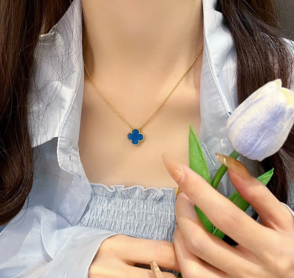 VCA blue agate four-leaf clover necklace - cnluxepick