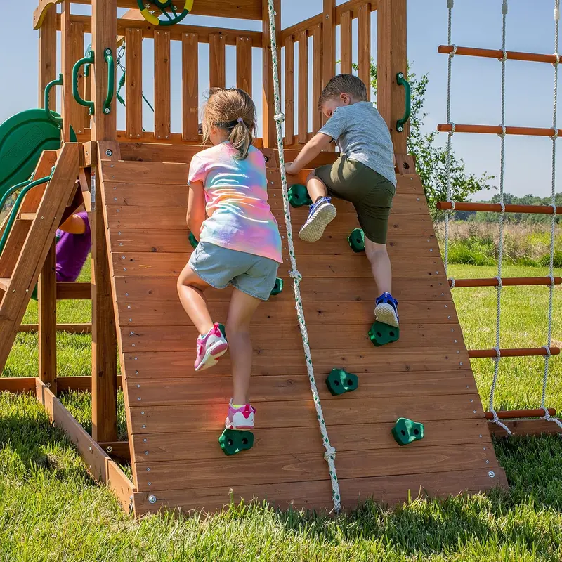 Wooden Mountain-Style Playset – Includes Sunshade, Wave Slide, Rope Swing, Net Swing & Climbing Wall