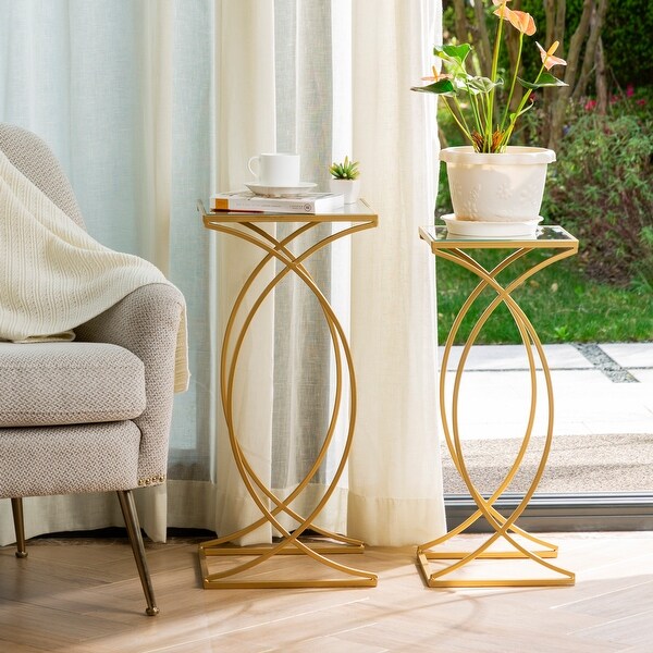 Glitzhome Set of 2 Modern Glam Glass Top Nesting Side Table