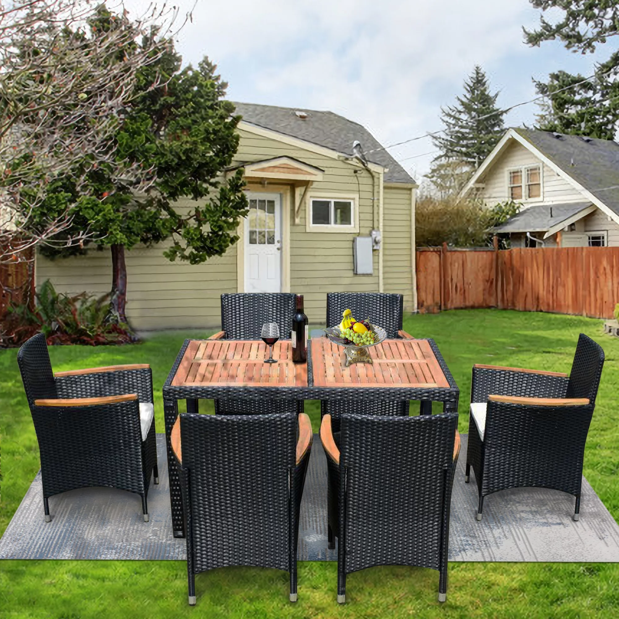 7 piece Outdoor Patio Wicker Dining Set Patio Wicker Furniture Dining Set w/Acacia Wood Top