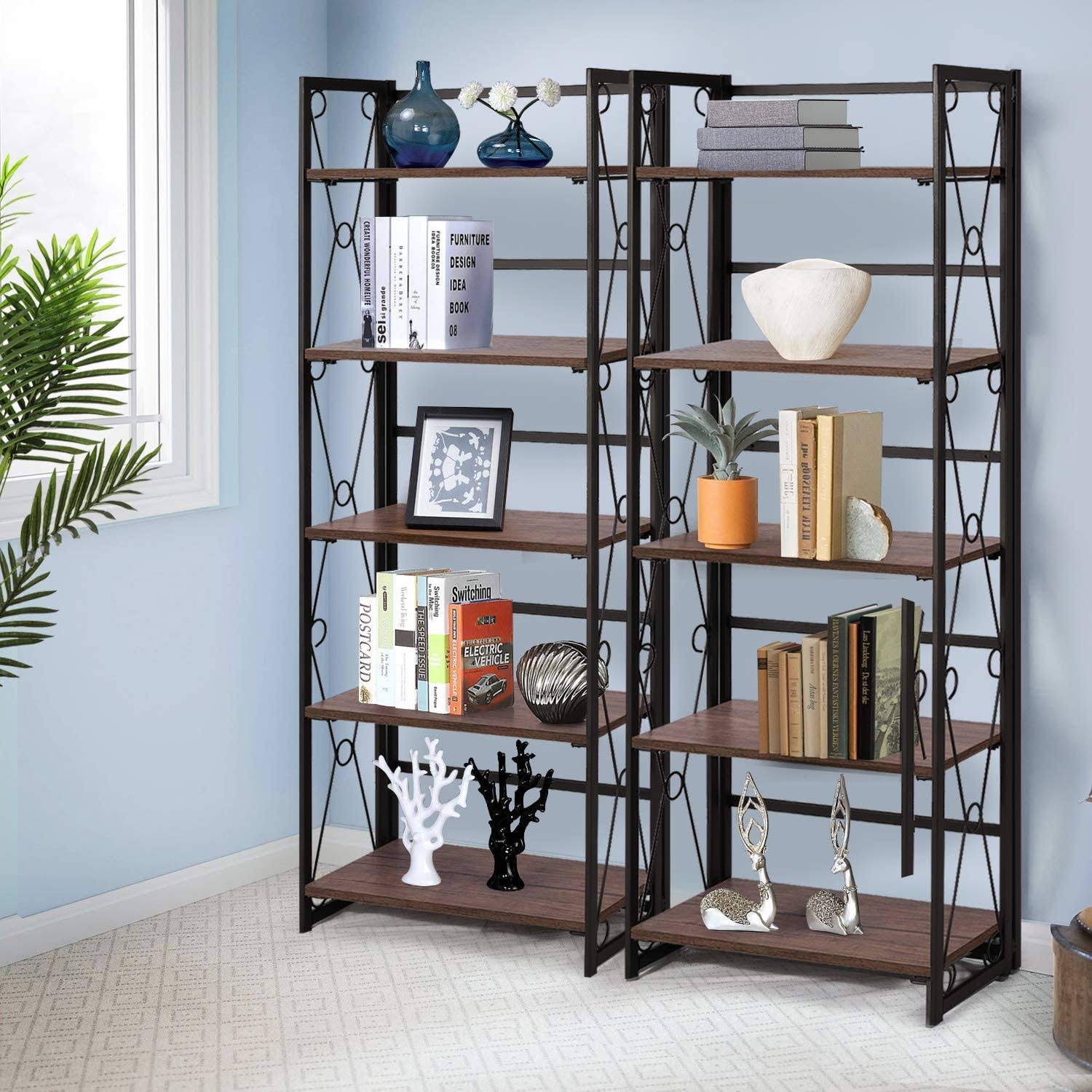 5 Tier Bookshelf Set of 2 Industrial Folding Bookcase with Metal Fram