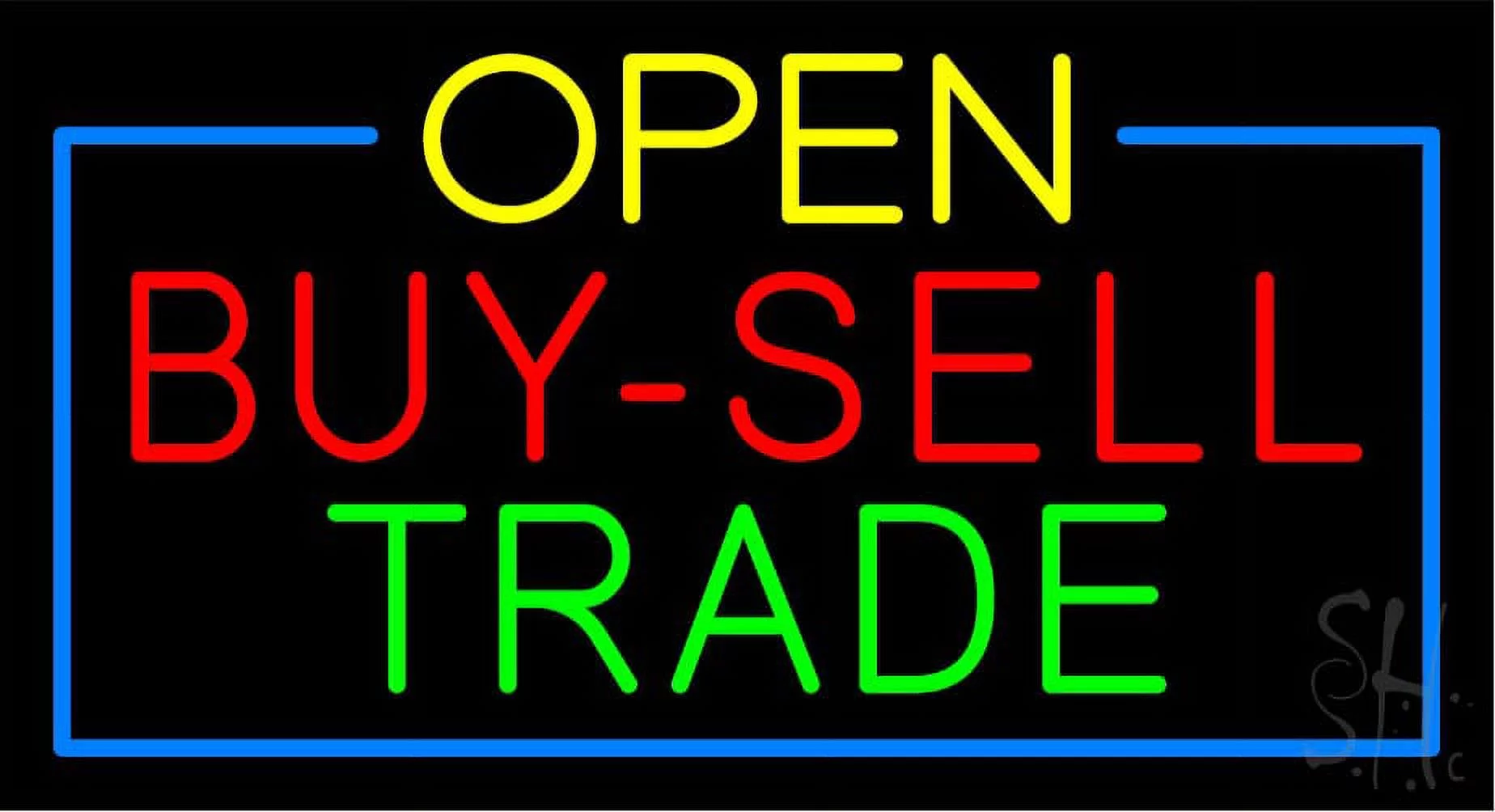 Yellow Open Buy Sell Trade Blue Border LED Neon Sign 20 x 37 - inches, Black Square Cut Acrylic Backing, with Dimmer - Bright and Premium built indoor LED Neon Sign for Pawn shop, and storefront.