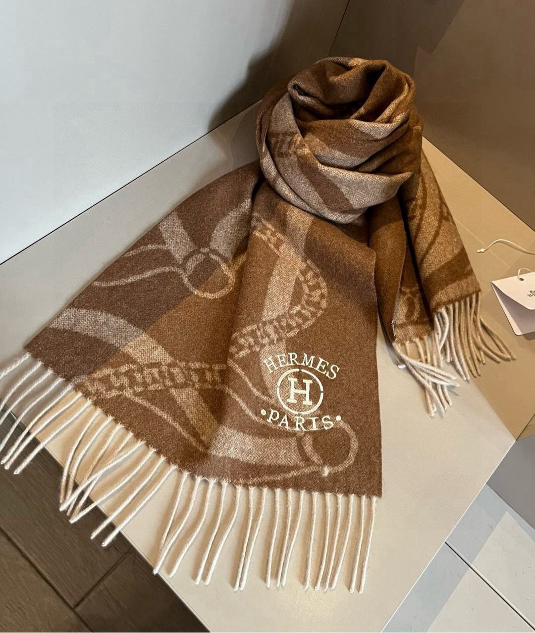 Hermes Cashmere Scarf Chain Motif Brown For Women 180cm