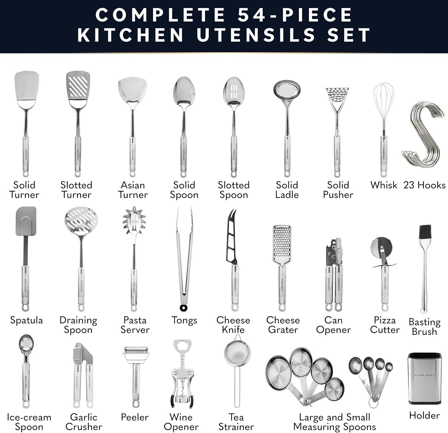 54-Piece Stainless Steel Kitchen Utensil Set Heat-Resistant Silicone Cooking Tools Silver