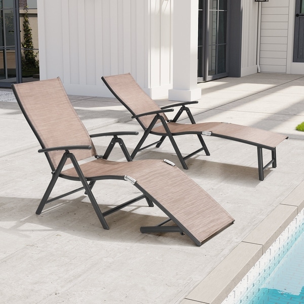 Crestlive Outdoor Aluminum Folding Recliner Adjustable Chaise Lounge Chairs (Set of 2)