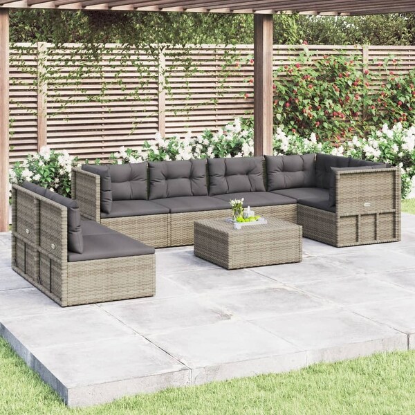 vidaXL 7 Piece Patio Lounge Set with Cushions Gray Poly Rattan