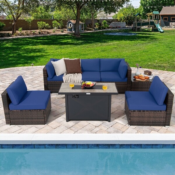 Gymax 7PCS Patio Rattan Furniture Set Fire Pit Table Cover Cushion
