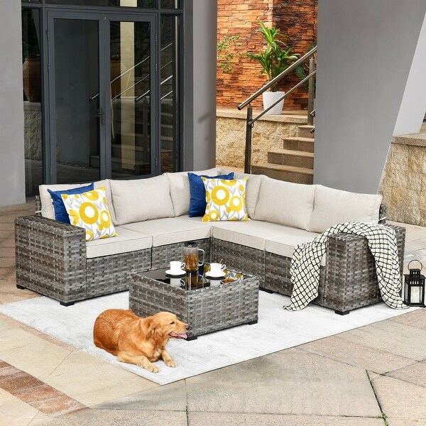 OVIOS Patio Wicker Furniture Wide Arm 6piece Set with Table