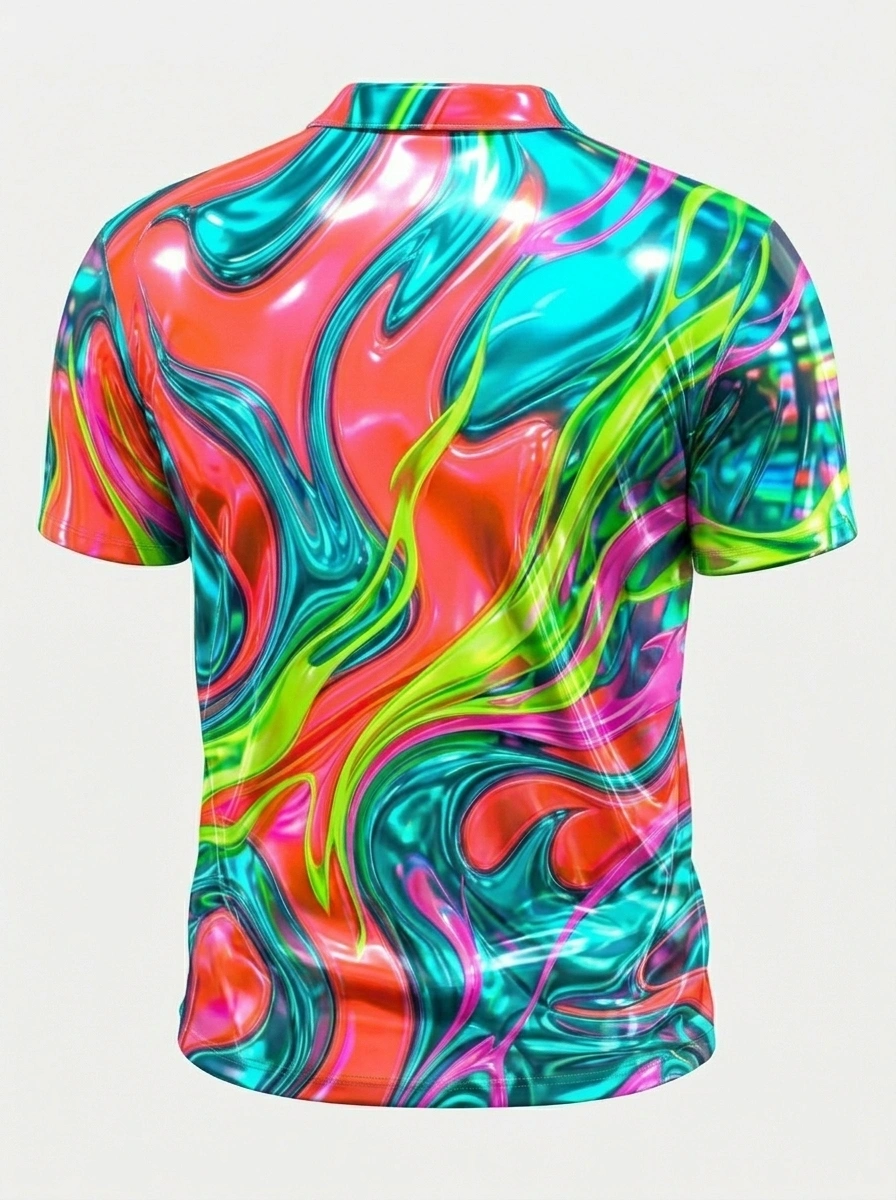 Moisture Wicking Golf Polo 3D Red Blue Green Neon Swirl Button Short Sleeve Golf Polo Shirt