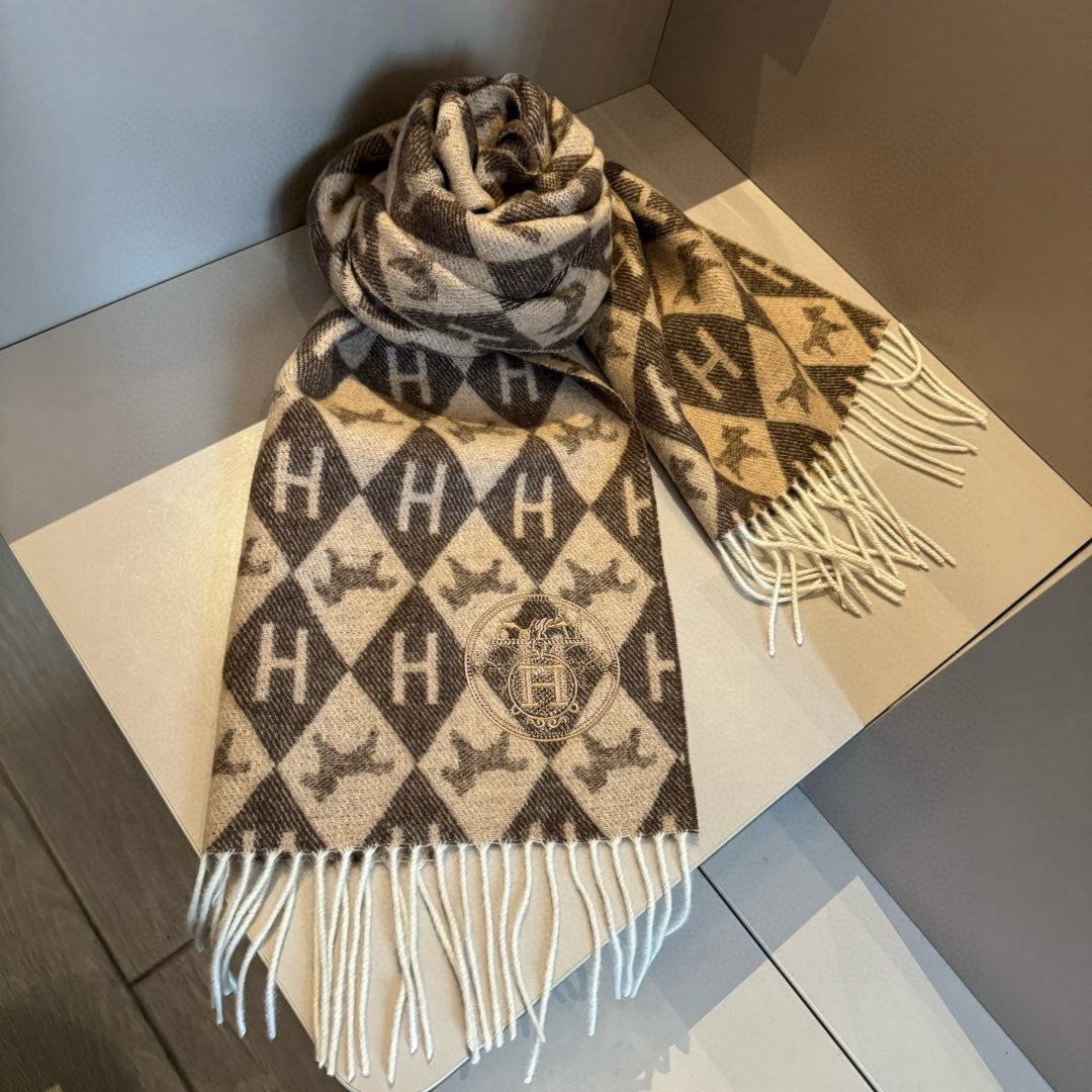 Hermes Diamond H Cashmere Scarf Brown For Women 180cm