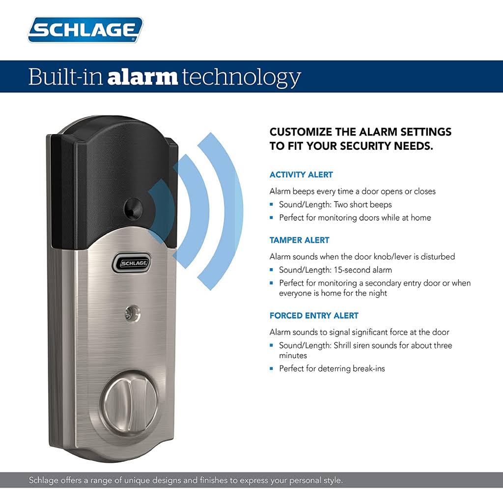 Schlage BE469NXCAM619 Camelot Touchscreen Deadbolt with Alarm - Satin Nickel