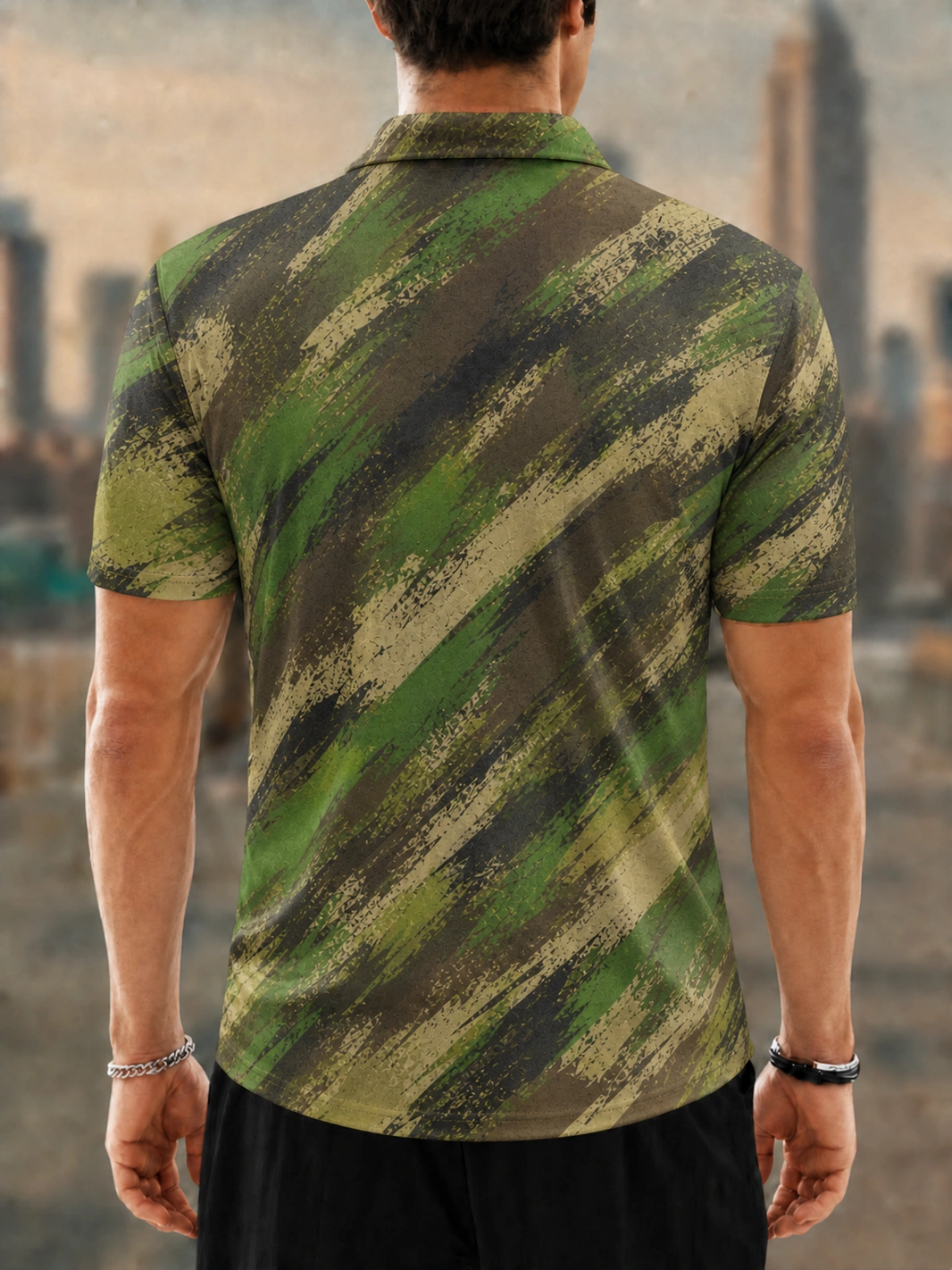 Moisture Wicking Golf Polo 3D Vintage Green Slash Camo Button Short Sleeve Golf Polo Shirt