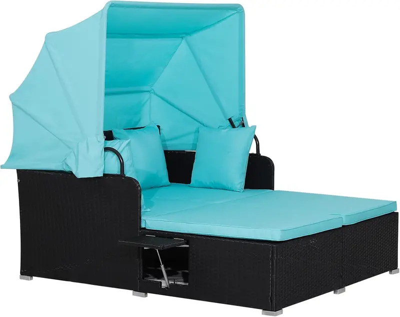 RELAX4LIFE Outdoor Daybed – Wicker Patio Canopy Sunbed with Cushions & Conversation-Ready Lounge Design