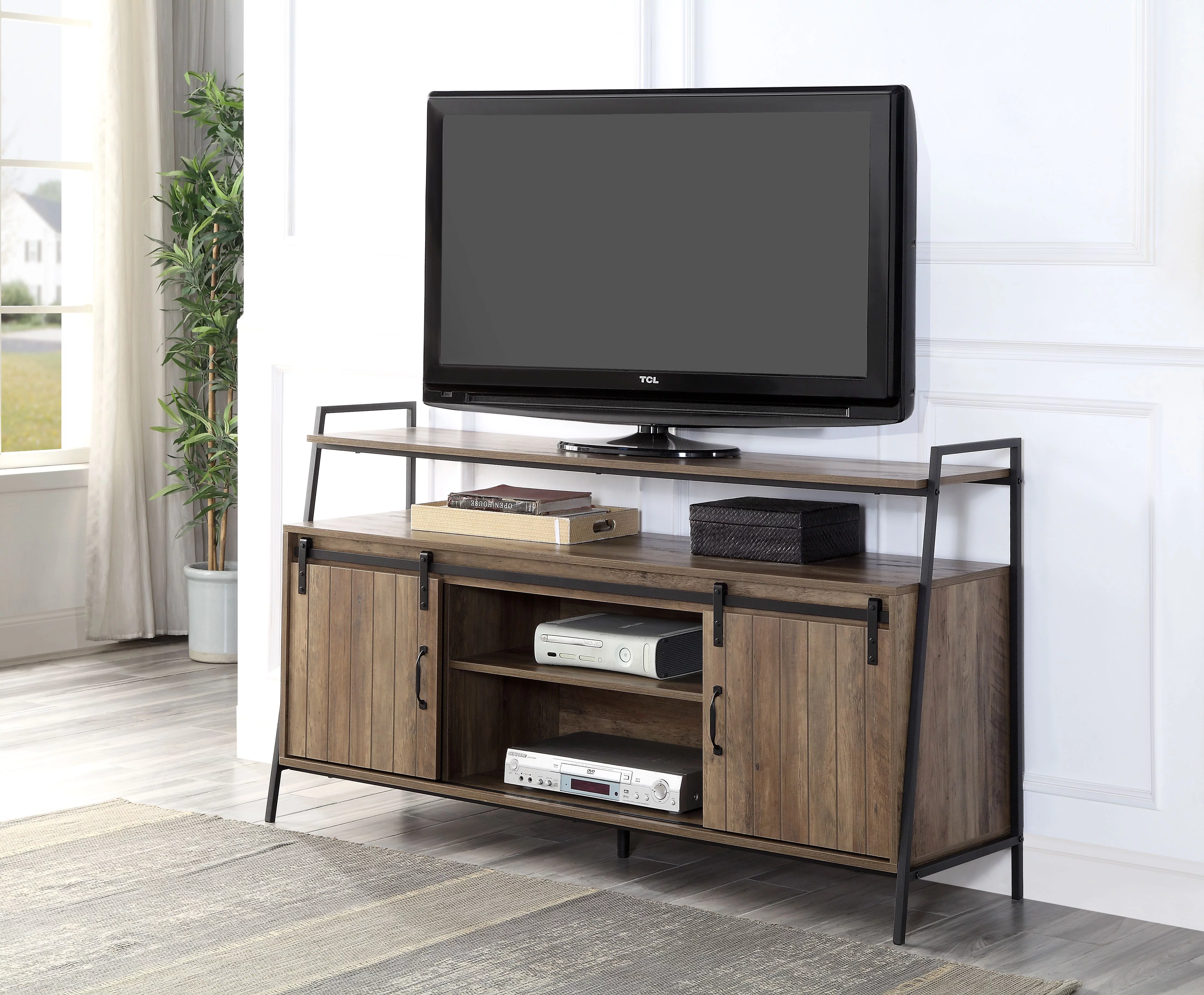 CoSoTower TV Stand , Rustic Oak & Black Finish