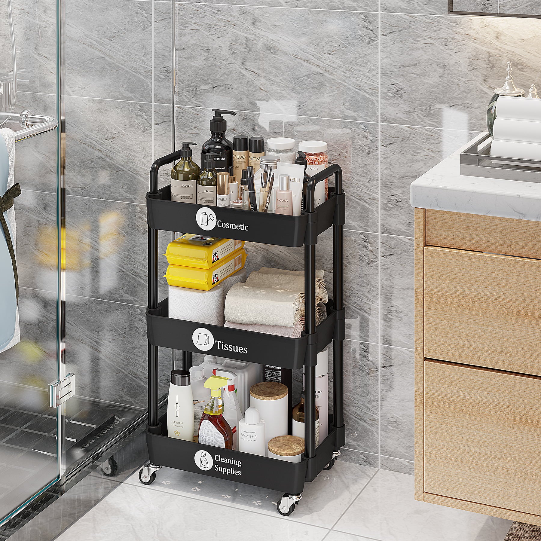 UDEAR 3-Tier Rolling Utility Cart with 12 Category Labels,Multifunctional Storage Shelves with Handle and Lockable Wheels for Room,Office,Kitchen,Bathroom,Black