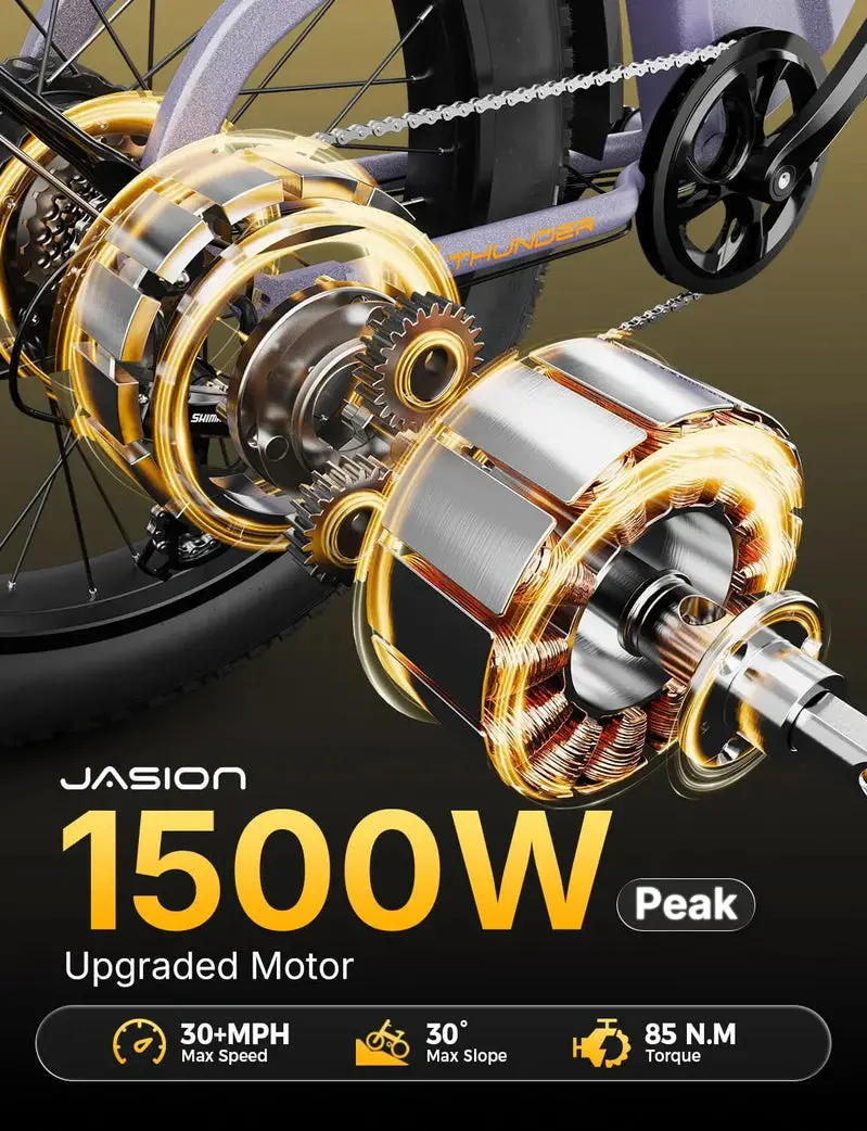 Thunder 1500W Electric Fat-Tire Bike – 30+ MPH Top Speed, 80-Mile Range, Hydraulic Disc Brakes