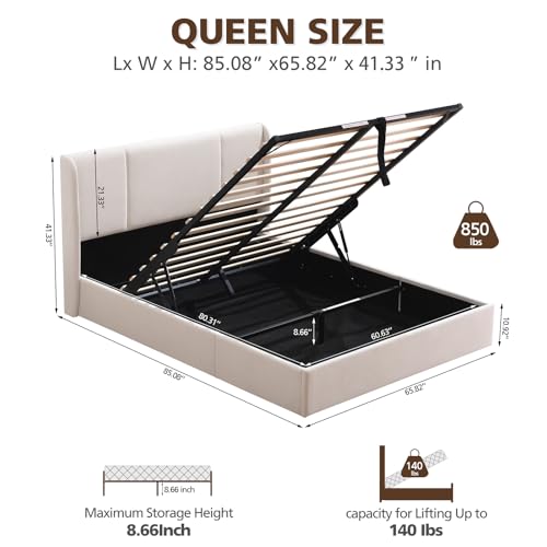 VELOCAVA Queen Size Lift Up Storage Bed with Modern Wingback Headboard, Upholstered Platform Bed with Fabric with Hydraulic Support Bars, No Box Spring Needed, Large Underneath Storage, White