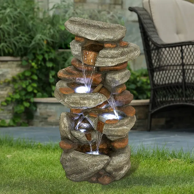 Watnature 4-Tier Rock Water Fountain with LED Lights – Outdoor Water Fountains Cascading Floor Water Feature Art Decor for Garden, Pation, Deck, Porch