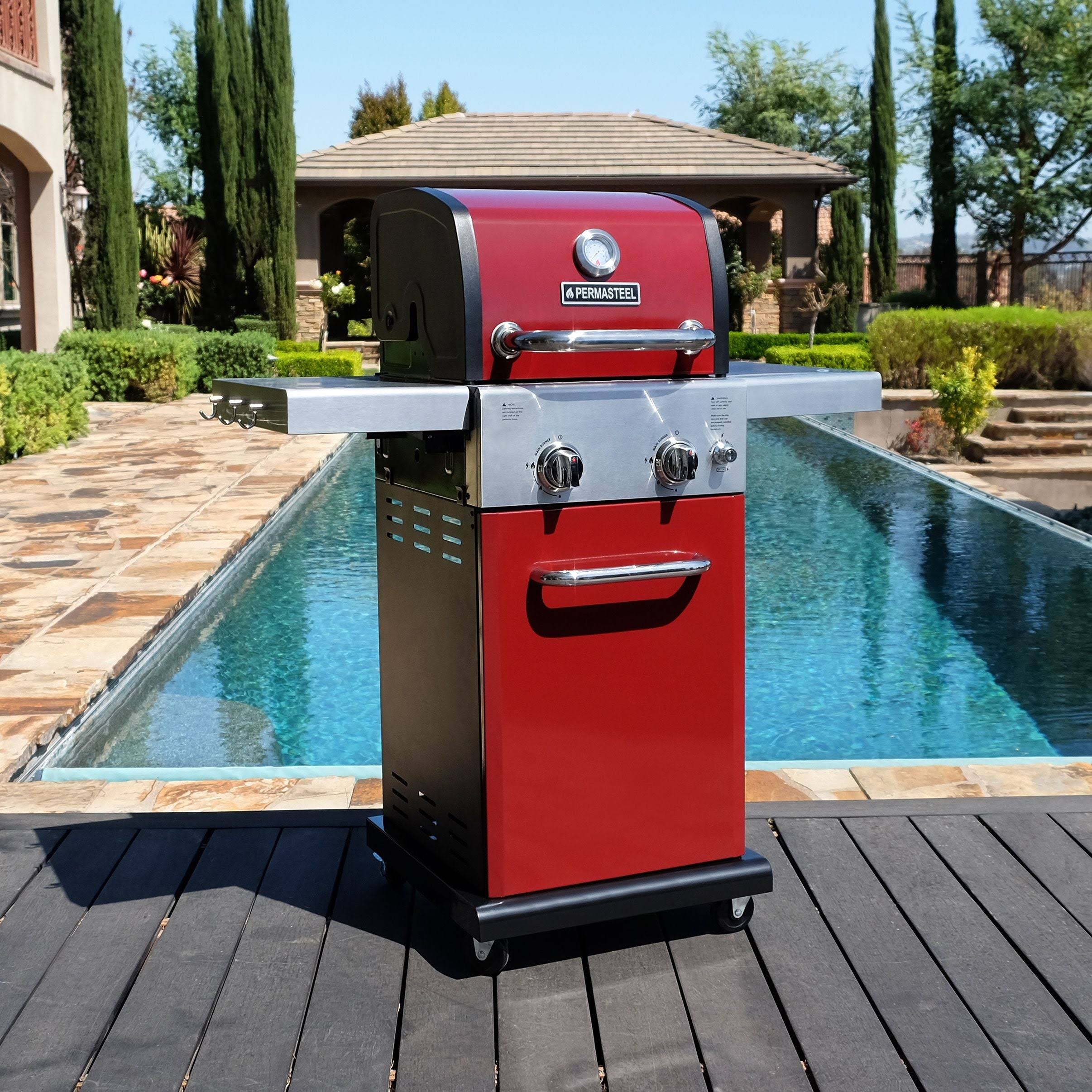 Permasteel 2 Burner Grill with Folding Side Shelves - Red