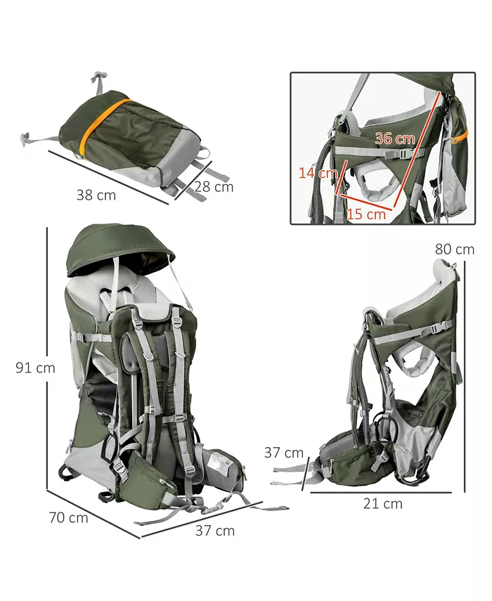 Qaba Foldable Baby Backpack Carrier for Hiking, Day Trips, Toddler Carrier Accessory Holder, Comfortable Baby Shoulder Carrier with Sun Canopy Rain Cover, Stand Ages 6-36 Months