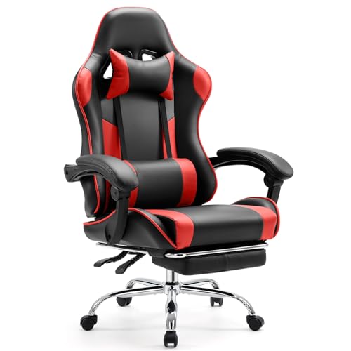 Sweetcrispy Video Game Desk Chair - Ergonomic Computer with Footrest and Comfy Lumbar Support, PU Leather Recliner with Headrest, Fixed Up Armrest, Height Adjustable with 360° Swivel, for Adults, Grey