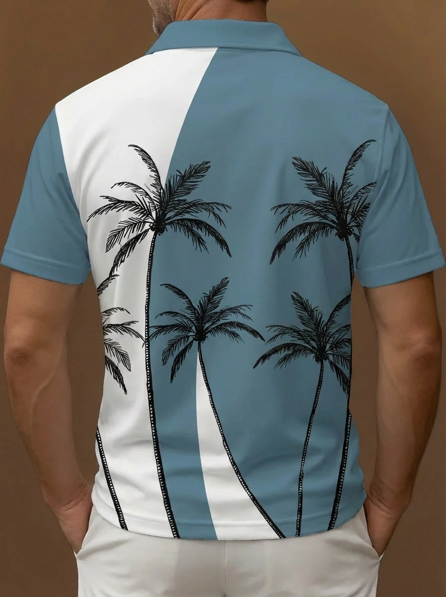 Light Blue White Black Palm Tree Silhouette Pattern Button Short Sleeve Golf Polo Shirt