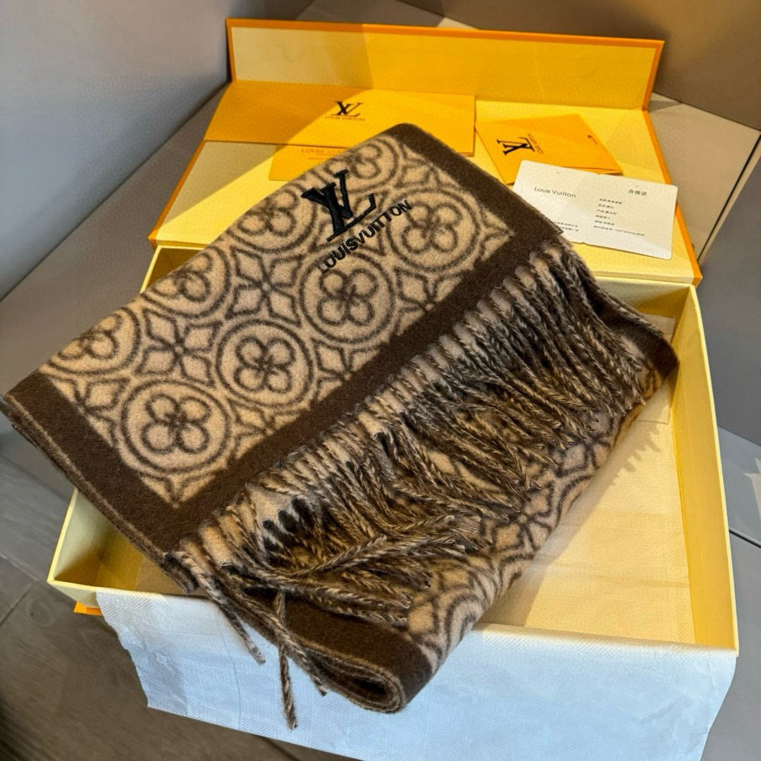 Louis Vuitton Monogram Cashmere Jacquard Scarf Brown For Women 180cm