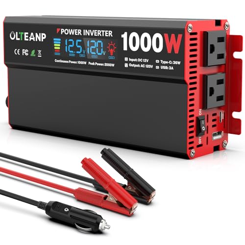 1000 Watt Power Inverter 12V DC to 110V/120V AC Car Inverter with LCD Screen Display, 2 AC Outlets, 36W Type-C Port, 5V/3A USB Port, Car Power Converter for Truck, Home, Vehicles, Laptop, Trip