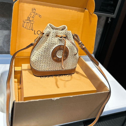 Louis Vuitton Noé Purse Raffia Woven Mini Bucket Bag Brown 7.5 Inches