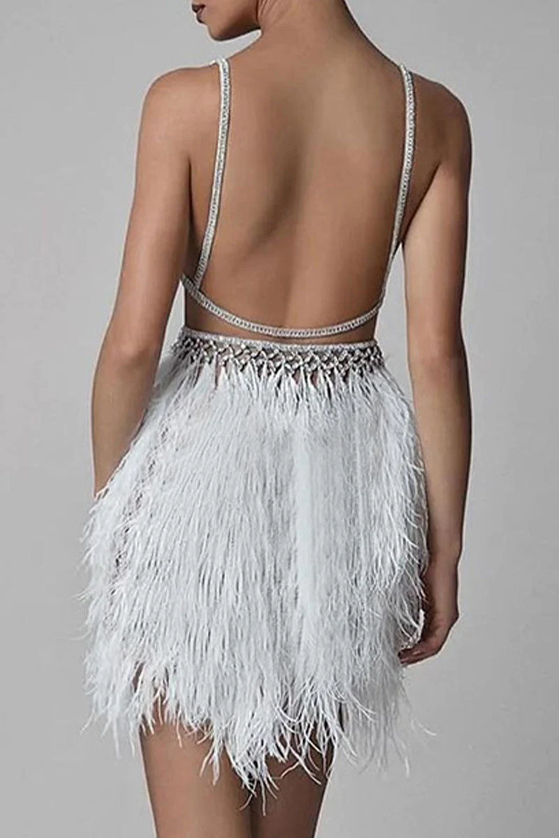Feather Trim Plunge Neck Mini Party DressClistos