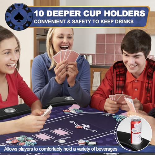 84 Inch Poker Table Foldable, 10 Player Folding Casino Tables with Casino Grade Felt, Padded Rails & Cup Holders, Portable Poker Table for Texas Holdem