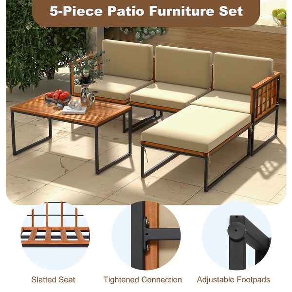 Costway 5 PCS Patio Furniture Set Acacia Wood Sectional Set with Seat
