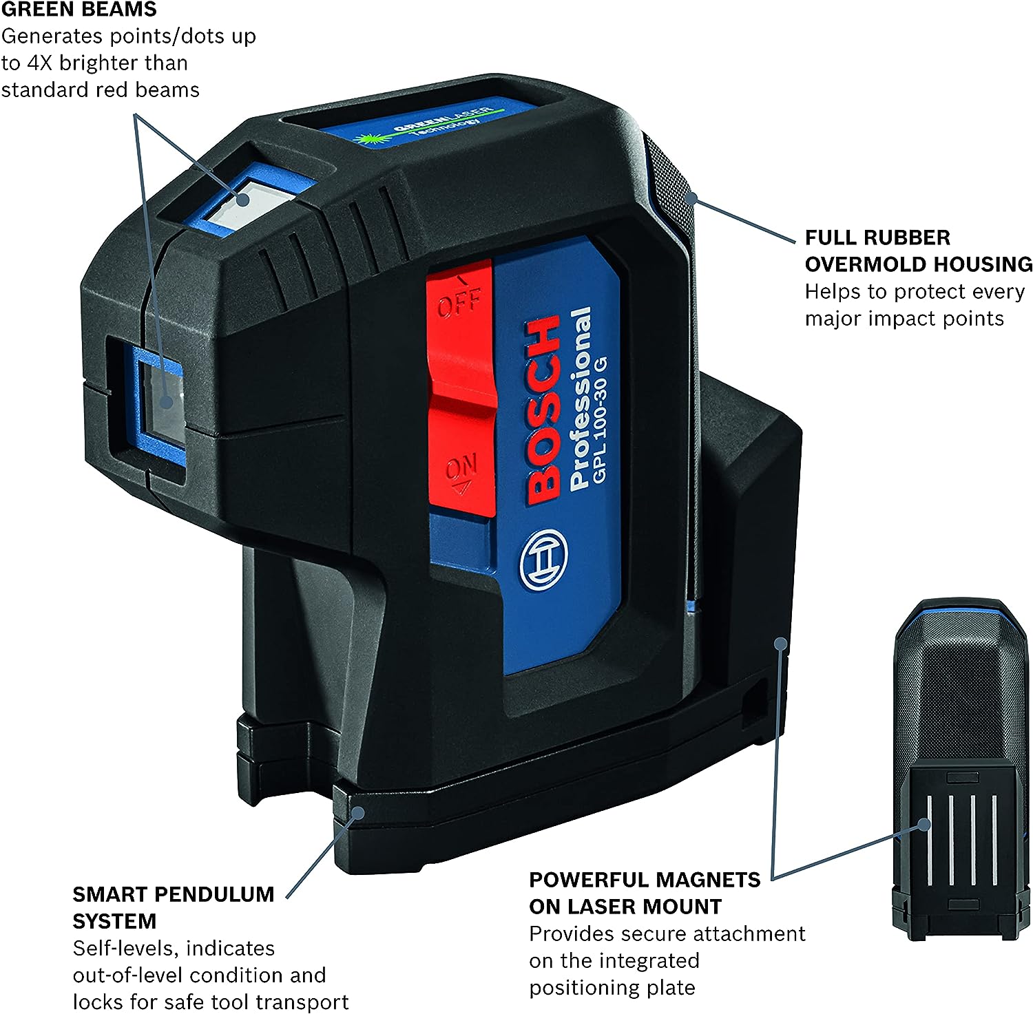 GPL100-30G 125ft Green 3-Point Self-Leveling Laser with VisiMax Technology and Integrated 360° MultiPurpose Mount