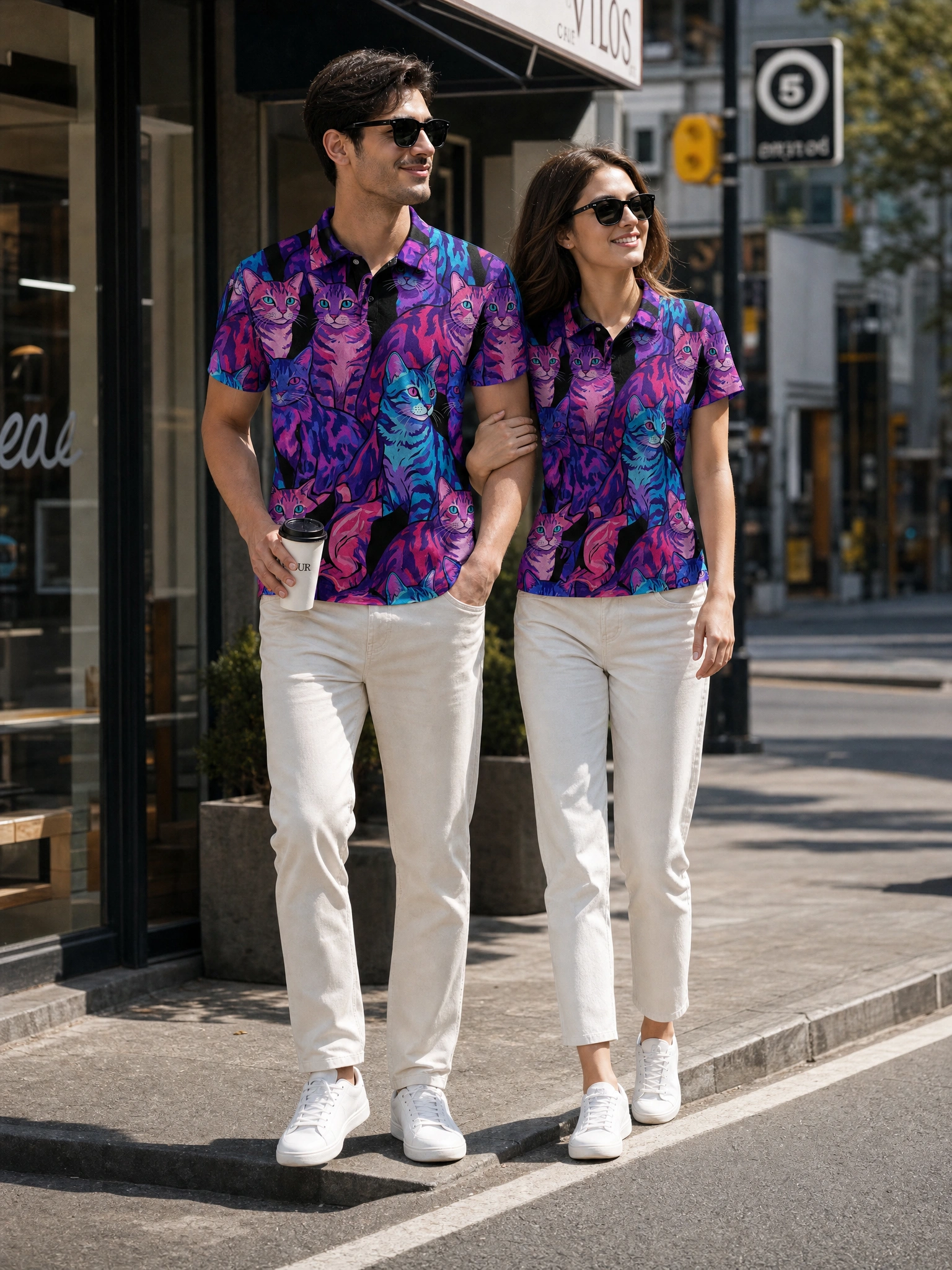 Black Purple Blue Pink Cat Pattern Button Short Sleeve Golf Polo Shirt
