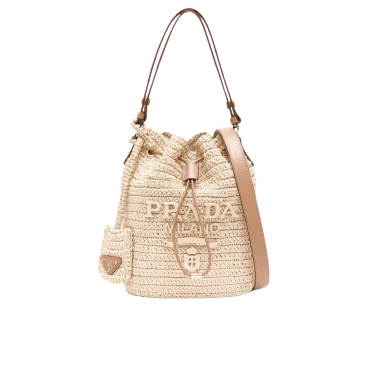 Prada Crochet And Leather Bucket Bag Natural 24Cm