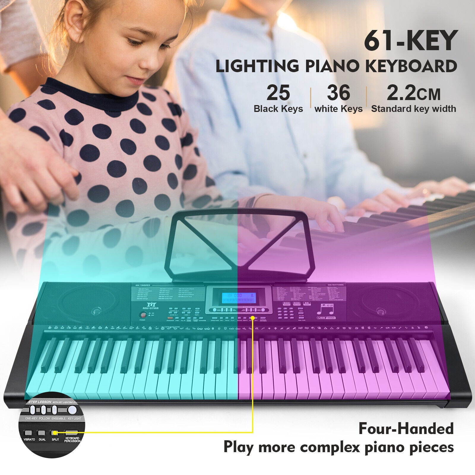 Mustar 61 Lighted Keys Electronic Keyboard Piano Set with USB MIDI, Headphones, Microphone, Sustain Pedal, Stand for Beginner