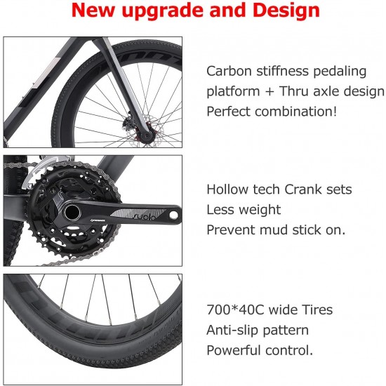 Carbon Gravel Bike, 700C Carbon Fiber Gravel Road Bicycle Disc Brake with 40c Tires Road Bike 22 Speeds
