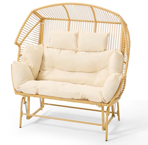 ECOTOUGE Indoor Outdoor Oversized Loveseat, Patio Double Egg Chair, 2-Person Extra Large Rattan Lounge Rocking Glider Chairs w/Pillow and Thicken Padded Cushions for Garden Balcony Sunroom, Grey