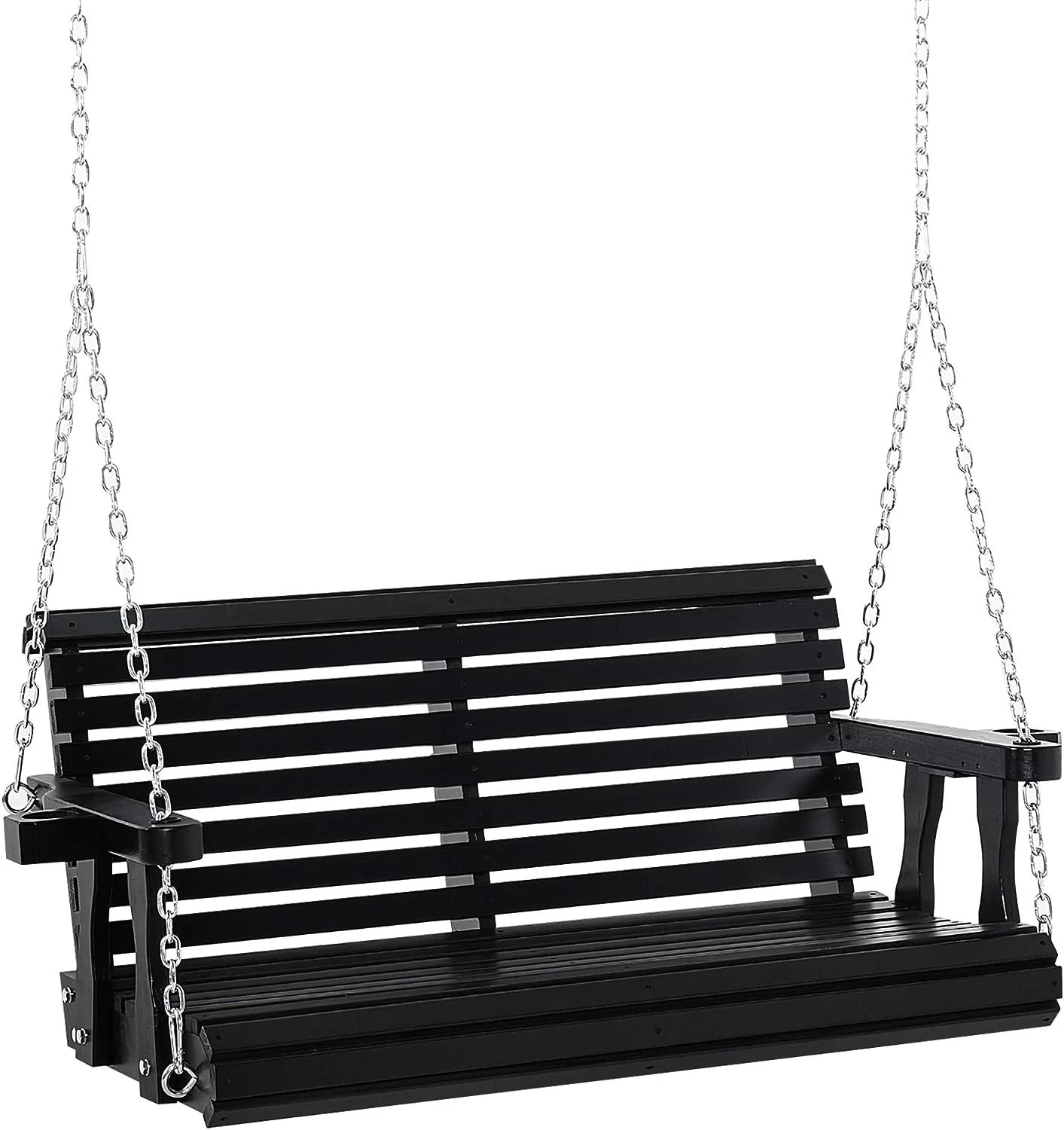 Porch Swing With Chains And Cupholders, 2 Person Wooden Patio Swing Chair, 440 Lbs. Weight Capacity, For Garden, Poolside, Backyard, Black