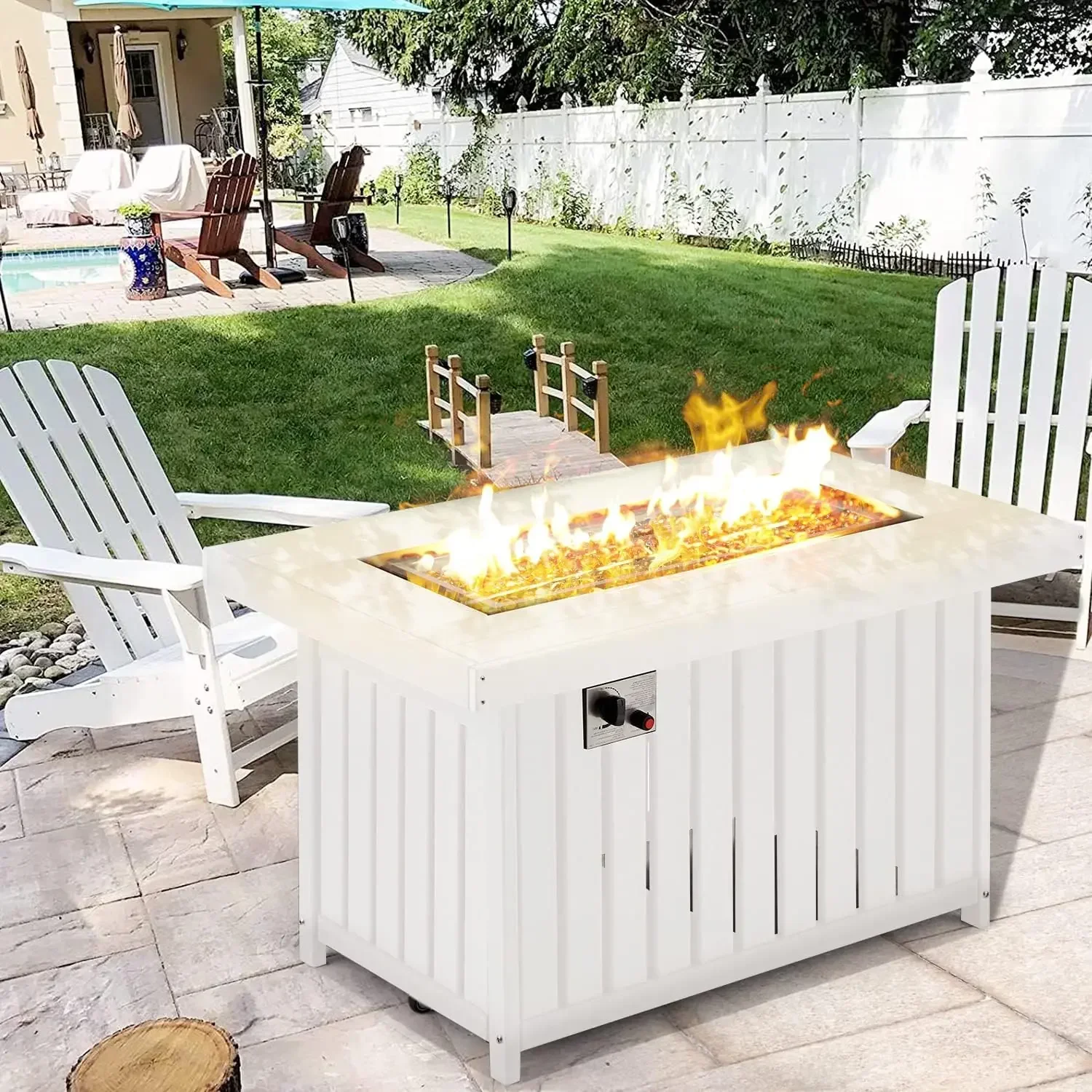 Propane Fire Pit Table, 43 Inch HDPE Smokeless Gas Fire Pit with Lid and Fire Glass, 50,000 BTU Firepit, Add Warmth and Ambience