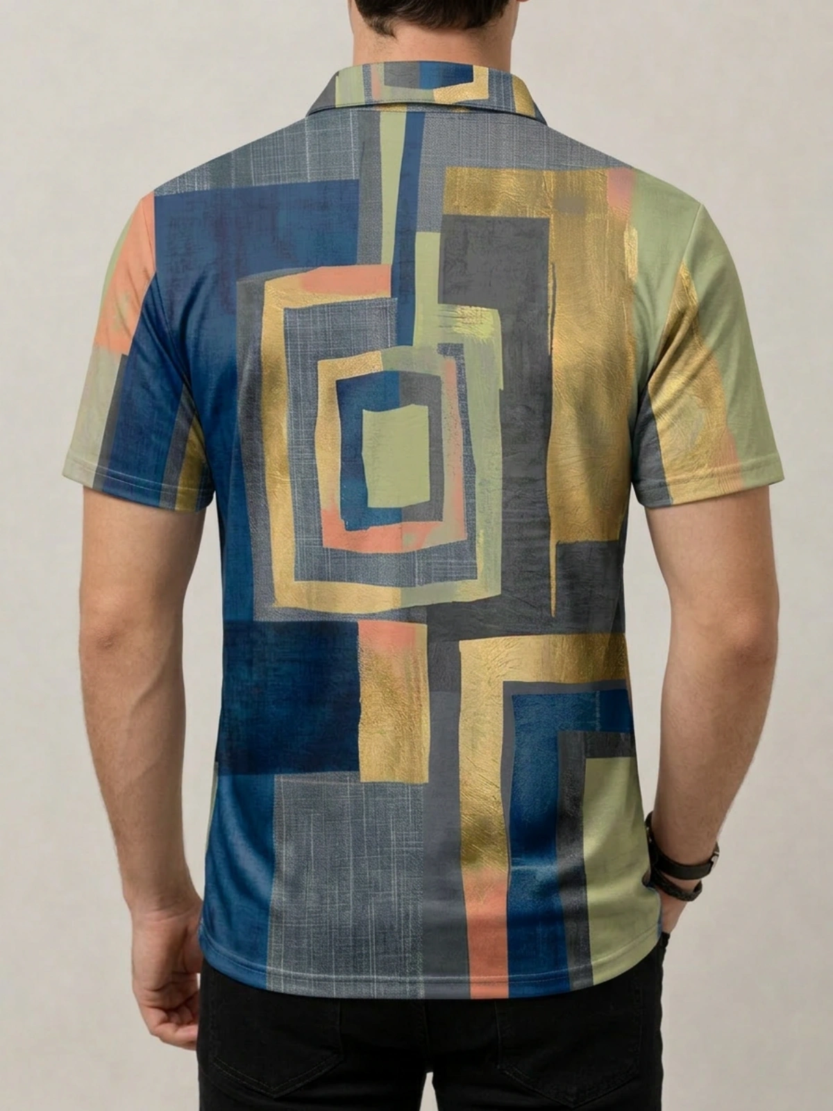 Blue Gold Peach Abstract Geometric Print Short Sleeve Golf Polo Shirt