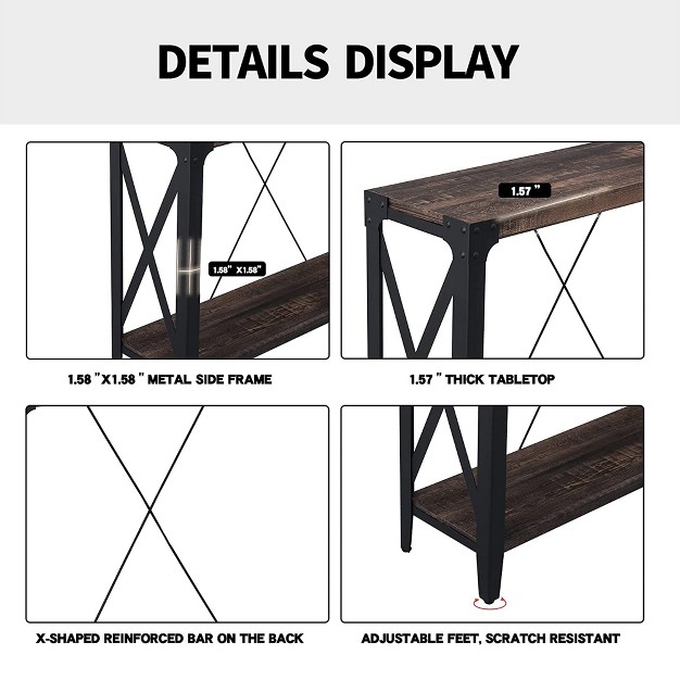 Okd 46 Inch 2 tier Console Sofa Hallway Entryway Accent Table With Metal Frame And Adjustable Scratch resistant Feet Dark Rustic Oak