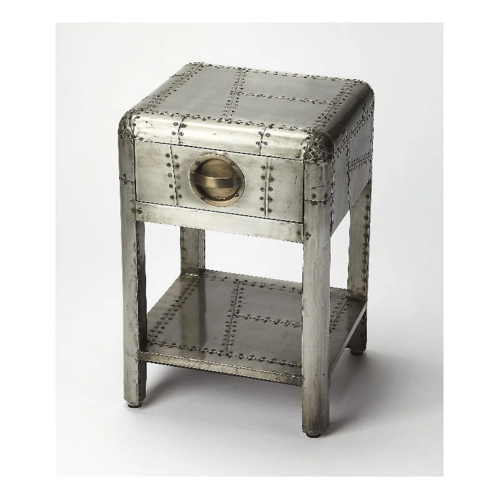Home Square One Drawer Metal Side Table in Silver - Set of 2